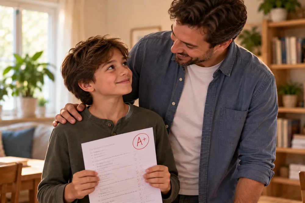 A smiling boy holding up an A+ test while his proud father looks on