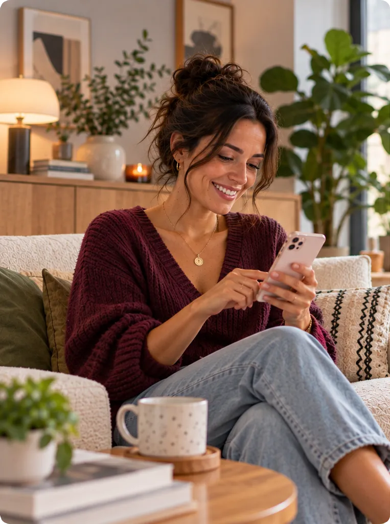 A parent sitting on a sofa, smiling at her phone