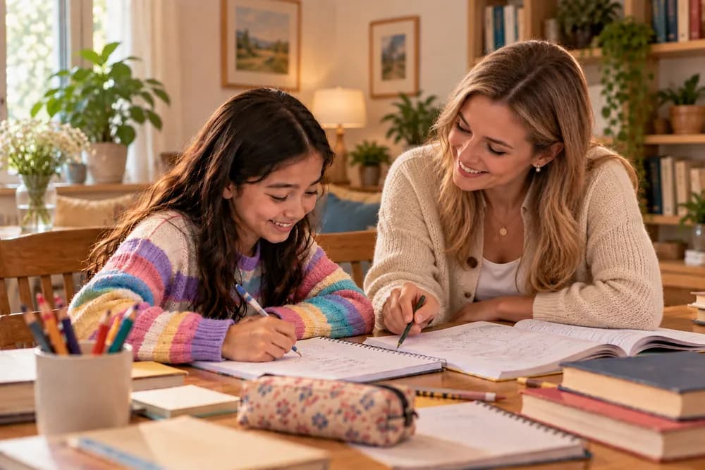 A tutor and a student studying together at a table