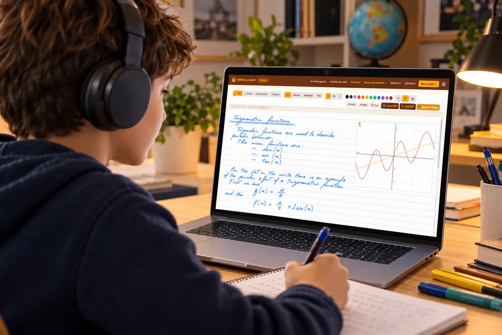 A student following an online lesson on a laptop, wearing headphones